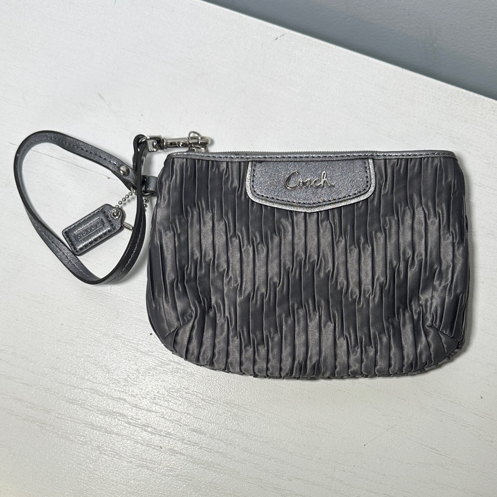 Coach Pleated Gray Satin Wristlet with Logo Tag